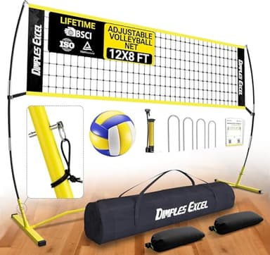 Dimples Excel 12x8 FT Professional Portable Volleyball Net Set with 4 Adjustable Height Levels (5.05–8 FT), Includes Volleyball, Pump, Carry Bag and Sandbags for Indoor/Outdoor Training