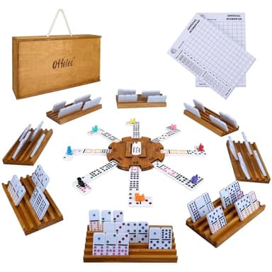 Offelec Mexican Train Dominoes Set with 8 Holders, Double 12 Dominos Set for Adults, Mexican Dominoes Train for Kids and Family Game, Mexican Train Games with 91 Colored Tile Dominos and Wooden Box