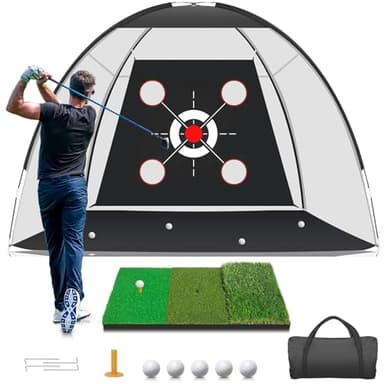 KLAODOT Golf Net with Practice Mat,Golf Hitting Aid Nets 10x7FT for Backyard Driving Chipping Training Swing with Target Mat Balls for Outdoor Indoor，Gifts for Men Dad Him and Golfer