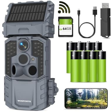 WOSPORTS WiFi Bluetooth Trail Camera,48MP 30fps Rechargeable Game Camera with 7800mAh Solar Panel, Night Vision,Motion Activated, Cell Phone Live View,IP66,Wildlife Cams for Outdoor Backyard