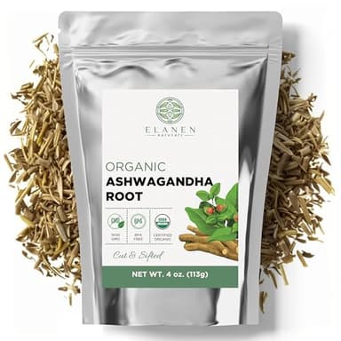 Elanen Naturals Organic Ashwagandha Root 4 oz. (113g), USDA Certified Organic Ashwagandha Root Loose Leaf Tea, Dried Withania somnifera, Cut & Sifted