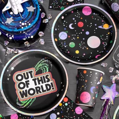 xo, Fetti Space Out Of This World Paper Plates, Iridescent Foil | 24 pcs 9" | Kids Decorations, Outer Space Party Setting, Birthday Decor, Alien Planet Tablescape, Galaxy Table Decor