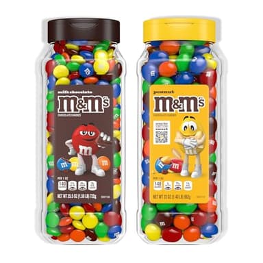 M&M's Milk Chocolate and Peanut Bulk Candy Jars, Assorted Chocolate Candies, Party Size, Movie Night Snacks, Resealable and Recyclable, 48.5 Ounces Total (Pack of 2)