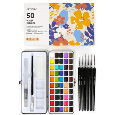 Grabie 50 Colors Watercolor Paint Set, Detail Paint Brush Included, Watercolor Paints, Painting Sets, Art Supplies for Painting, Travel Watercolor Set, Amateur Hobbyists
