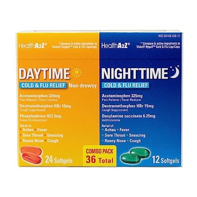 HealthA2Z® Daytime and Nighttime | Cold & Flu Medicine | Powerful Multi-Symptom Relief (24 Daytime & 12 Nighttime Softgels) (Combo (36 Count Pack of 1))