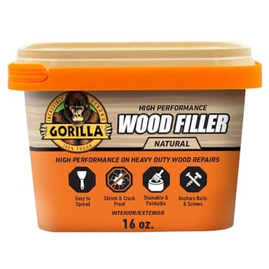 Gorilla All Purpose Wood Filler, Natural Finish, 16 Ounce Tub (Pack of 1) - Water Resistant for Indoor or Outdoor Projects and Repairs