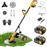 12-inch Electric Weed Wacker Cordless on Wheels, 21V 2 * 3000mAh Weed Eater Battery Powered,Cordless String Trimmer with Brushless Motor,Grass Trimmer and Brush Cutter with 4 Types of Blades for Lawn