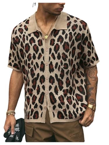 BEAUDRM Men's Leopard Sweater Y2k Cheetah Button Down Shirt Streetwear Short Sleeve Knit Crop Tops Cardigan Brown Medium