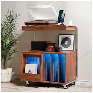 Large Record Player Stand with Sliding Door and Wheels,200 Vinyl Record Storage Cabinet, Record Player Table with Power Outlet & LED Light,Turntable Stand with Wood Legs for Living Room,Bedroom