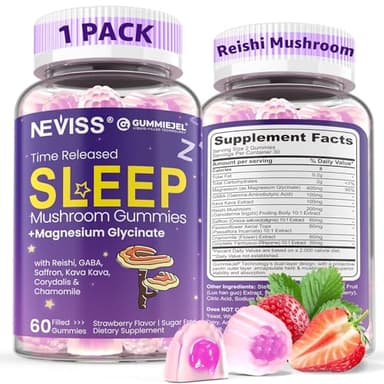 NEVISS Reishi Mushroom Sleep Gummies - Melatonin Free Sleep Gummies for Adult | Reishi, Saffron, Magnesium, GABA & Chamomile - Non-Habit Forming, Help for Deep Relaxation - Vegan, Berry Flavor, 1Pack