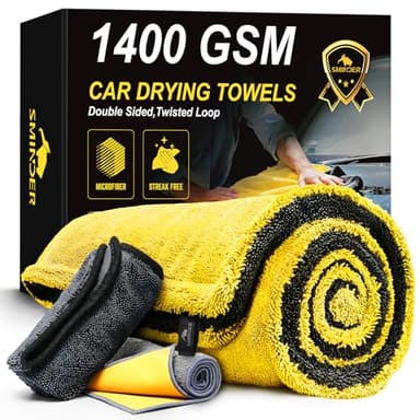 SMINDER 1400 GSM Car Drying Towels Car Detailing– XXL Microfiber Towels for Cars, Trucks (48" x 24"), Ultra-Absorbent, Streak-Free, Scratch-Free, No Water Spots, Double-Twist Pile & Edgeless Design