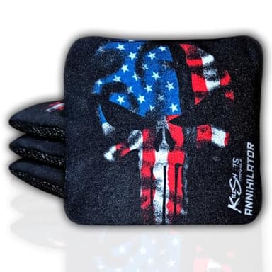 Killshots Cornhole | Annihilator Series | Limited Edition | Premium Cornhole Bags | Double-Sided Stick & Slide | Durable | Resin Filled | Regulation 6x6, 16oz | Set of 4 (Flag Skull)