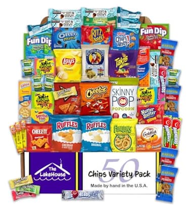 Chips Variety Pack 50 Count - Gift Basket Care Packages for College Students, Kids, Adults - Individually Wrapped School or Office Snacks with Chips, Cookies, Candy - Snack Packs from The LakeHouse