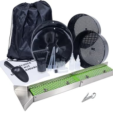 18pc Gold Panning Kit with Mini Folding Sluice Box, Complete Gold Panning Equipment Set for Adults, Aluminum Prospecting Kit with Pans, Classifier, Magnet, Backpack & Accessories for Beginners