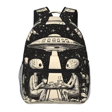 ainori Funny Alien Coffee Backpack, UFO Design Polyester Backpacks with Straps, 11.4inx5.9inx15.7in, Multi-Pocket Storage Bookbag, Ideal For School Work Travel Hiking Camping, Boys Girls Women Gifts