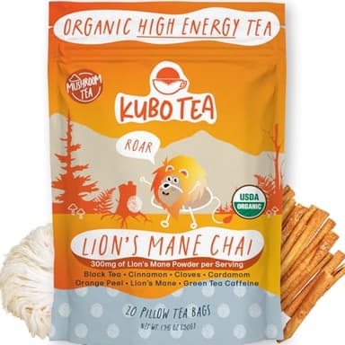 Kubo Tea Mushroom Tea for Focus & Energy with Lion’s Mane – Organic Functional Blend with Natural Caffeine (155mg), Brain Boost, Clean Coffee Alternative, Mushroom Tea Bags | 20 Count
