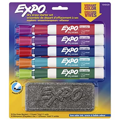 EXPO Low Odor Dry Erase Marker Starter Set with White Board Eraser, Chisel Tip Dry Erase Markers, Assorted Colors, 11-Piece Set