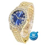 Halukakah Diamonds Gold Watch Iced Out,Men's 18K Real Gold Plated 42MM Width Blue Dial Quartz Wristband 9.5",Free Giftbox