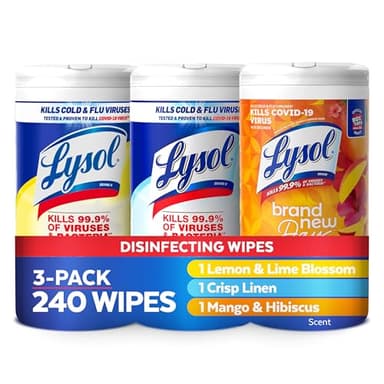 Lysol Disinfectant Wipes Bundle, Dorm Room Essentials, Multi-Surface Cleaning Wipes, For Disinfecting & Cleaning, Lemon & Lime Blossom, Crisp Linen, Mango & Hibiscus, 3x80 ct