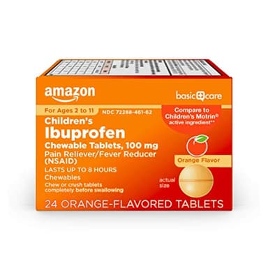 Amazon Basic Care Children's Ibuprofen Chewable Tablets 100 mg, Orange Flavor, Pain Reliever and Fever Reducer (NSAID), For Ages 2-11, 24 Count