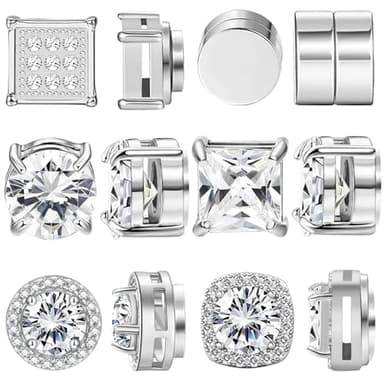 NEWITIN 6 Pairs Stainless Steel Magnetic Stud Earrings for Men Clip on Earring Magnetic Earring Unisex Non Piercing CZ Magnet Studs Diamond Earrings for Women Men