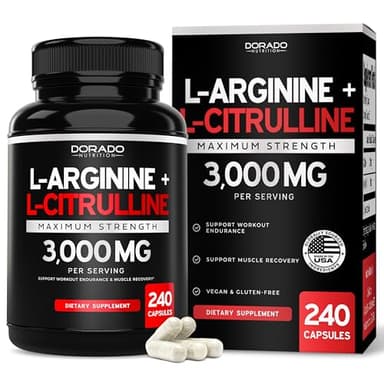 L Arginine L Citrulline Supplement 3000mg (240 Capsules) Nitric Oxide Pills for Men - Stamina, Endurance, Performance for Workouts - NO Supplements for Men - Gluten Free, Non-GMO, Vegan Capsules