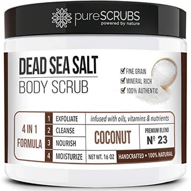 pureSCRUBS Premium Coconut Body Scrub Set - Large 16oz Dead Sea Salt Body Scrub With Infused Essential Oils & Nutrients, Includes Wooden Spoon, Loofah & Oatmeal Exfoliating Bar Soap