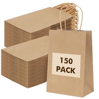 OUTUXED 150pcs Brown Paper Gift Bags, 8x4x10in Brown Kraft Paper Bags with Handles Bulk Medium Size for Retail, Shopping, Wedding, Favor, Birthday Party, Business, Grocery