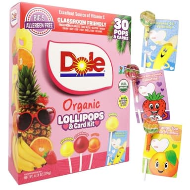 Organic Dole Lollipops Valentine's Classroom Exchange Kit, 30 Fruit Flavored Pops & Cards, Artificial Dye Free