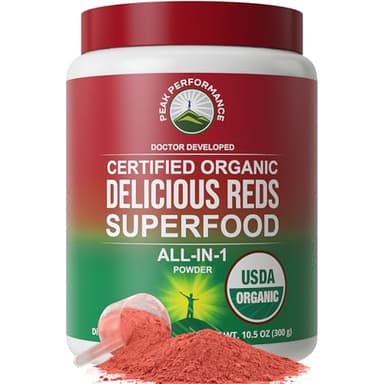 Peak Performance Organic Reds Superfood Powder, Best Tasting Red Juice Super Food w/ 25+ All Natural Ingredients & Polyphenols, Vital for Max Energy and Detox - Raspberry, Elderberry, Beetroot