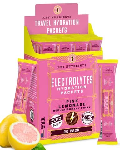 KEY NUTRIENTS Electrolytes Powder Packets - Fresh Pink Lemonade 20 Pack Hydration Packets - Travel Hydration Powder - Made in USA - No Sugar, No Calories, Gluten Free