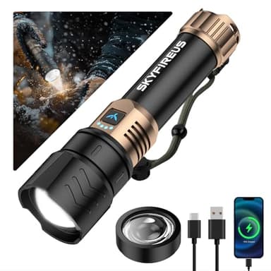 SKYFIRE LED Flashlights High Lumens with Ignition Lens,2000lm Super Bright Rechargeable Flashlight, Zoomable,Four Modes,Waterproof Tactical Flash Light for Camping Essentials,Outdoor and Home,Gift