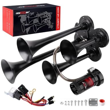 Cenzhiwen Train Horn Kit - 4 Trumpet Metal Air Horns replacement Dill horn 12V 150dB Ultra Loud with Compressor is suitable for pickup/motorhome/SUV/truck/train and other vehicles (4 speakers)