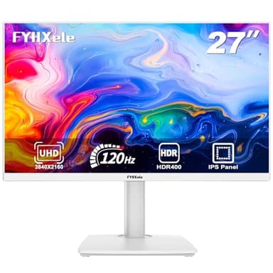 FYHXele 27 inch 4K Gaming Monitor, UHD 3840x2160 Fast IPS Panel Computer PC Monitor, 120Hz, 100% sRGB, FreeSync & G-Sync, HDR 400 Support, HDMI 2.1 & DP 1.4, VESA Mountable-White