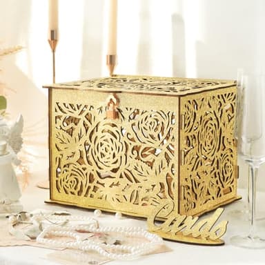 CYAOOI Glittery Gold Wedding Card Box with Lock, Wooden Gift Card Box for Wedding Reception, Elegant Wedding Money Envelope Card Box Holder for Party Graduation Birthday Baby Shower Decorations