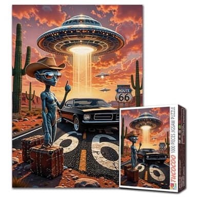 UFO Alien Jigsaw Puzzles 1000 Pieces Route 66 Art Jigsaw Puzzles for Challenging Family Games Desert Cactus Car DIY Handwork Puzzle for Home Wall Decor Gifts 19.7"x27.6"