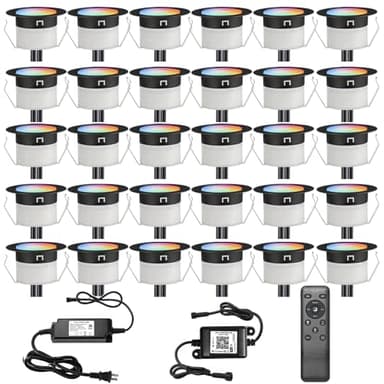 LED Deck Lights Kit, 30 Pack Φ1.22" Low Voltage WiFi Smart Recessed RGBW Deck Lighting with App/Voice Control, Waterproof IP67 In Ground Landscape Lighting for Outdoor Stairs Steps Floor Decor, Black