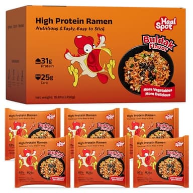Healspot High Protein Spicy Buldak Noodles, Dry Tossed Ramen, 30g Plant-Based Protein, Low Fat, Low Carb, Non GMO, Keto Friendly & Plant Based (6 packs)