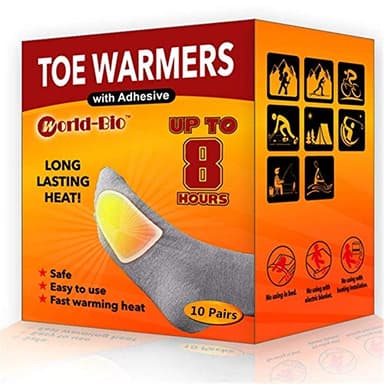 WORLD-BIO Toe Warmers with Adheasive - Long Lasting Safe Natural Odorless Air Activated Warmers - Up to 8 Hours of Heat - 10 Pairs