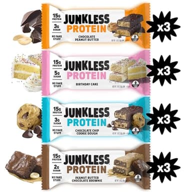 JUNKLESS Protein Bars - 12 Bar Variety Pack - 15g Protein, High Fiber, Gluten Free, Meal Replacement - Delicious, Indulgent, Satisfying, Healthy Snack for Energy