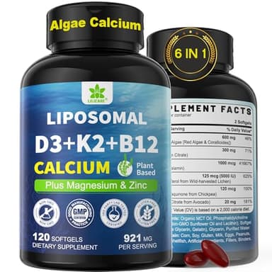 6-in-1 Plant Based Calcium Supplements for Women Men- Calcium 600mg w/ D3 K2 5000 IU Vitamin, Liposomal & Algae Ca-lcium Magnesium Zinc + Vegan Vitamin D 5000 IU + K2 MK7 + Methyl B12 for Bone, 1 Pack