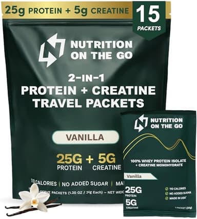 Nutrition On The Go Whey Protein Isolate Packets with Creatine - 25g Protein + 5g Creatine - Single-Serve Travel Protein Powder - 5.9g BCAAs, Keto & Low-Carb, Gluten-Free - Vanilla (15-Pack)