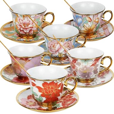 Qetoosur Tea Cups and Saucers Set of 6, 8 OZ Ceramic Tea Cups with Saucers Vintage Floral Tea Cup Set for Cappuccino, Macchiato, Afternoon Tea Birthday Party Supply Thanksgiving Day Halloween gifts