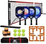 Pickleball Set with Net and Court Marker, 22 FT Regulation Size Pickleball Net System with Fiberglass Paddles Set of 4, Outdoor Pickleballs, Court Line Marker, Carry Bag for Driveway Backyards