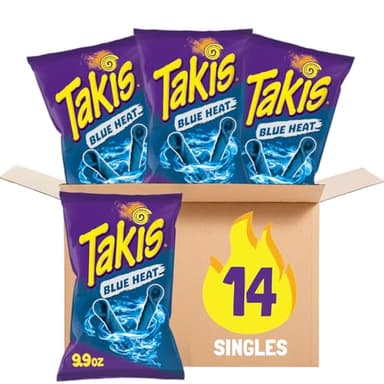 Takis Blue Heat Rolled Tortilla Chips, Hot Chili Pepper Flavored, Multipack Box with 14 Bags of 9.9 Ounces