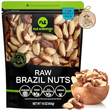 NUT CRAVINGS - Raw Brazil Nuts, Unsalted, No Shell, Whole, (16oz - 1 LB) Packed Fresh in Resealable Bag - Kosher Healthy Snack, Food Assortments