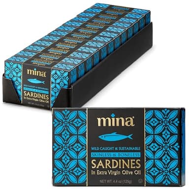 Mina Sardines, Skinless & Boneless Sardines in Olive Oil, 4.4 Ounce Wild Caught, Packed By Hand, Low Sodium, High in Protein, Keto, Paleo, Sardine in Extra Virgin Olive Oil (Pack of 12)