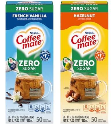 Nestle Coffee mate Liquid Coffee Creamer Singles Variety, 1 of each: Zero Sugar French Vanilla & Hazelnut 50 Ct Boxes