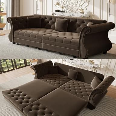 Tabaray 97.6'' Sleeper Sofa Bed King, Convertible Pull Out Couch, Chesterfield Futon Sofa Bed with Flower-Tuffed Back, Velvet Daybed, 3 Pillows, Loveseat Couches for Living Room, Small Spaces, Brown