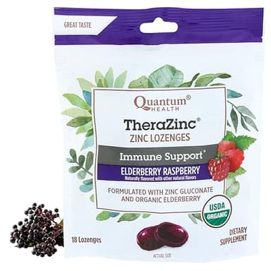 Quantum Health TheraZinc Organic Zinc Lozenges Elderberry Sambucus Raspberry & Honey Immune Support for Adults & Kids 12+ Naturally Flavored Fast Relief with No Aftertaste -18 Count (Package may vary)